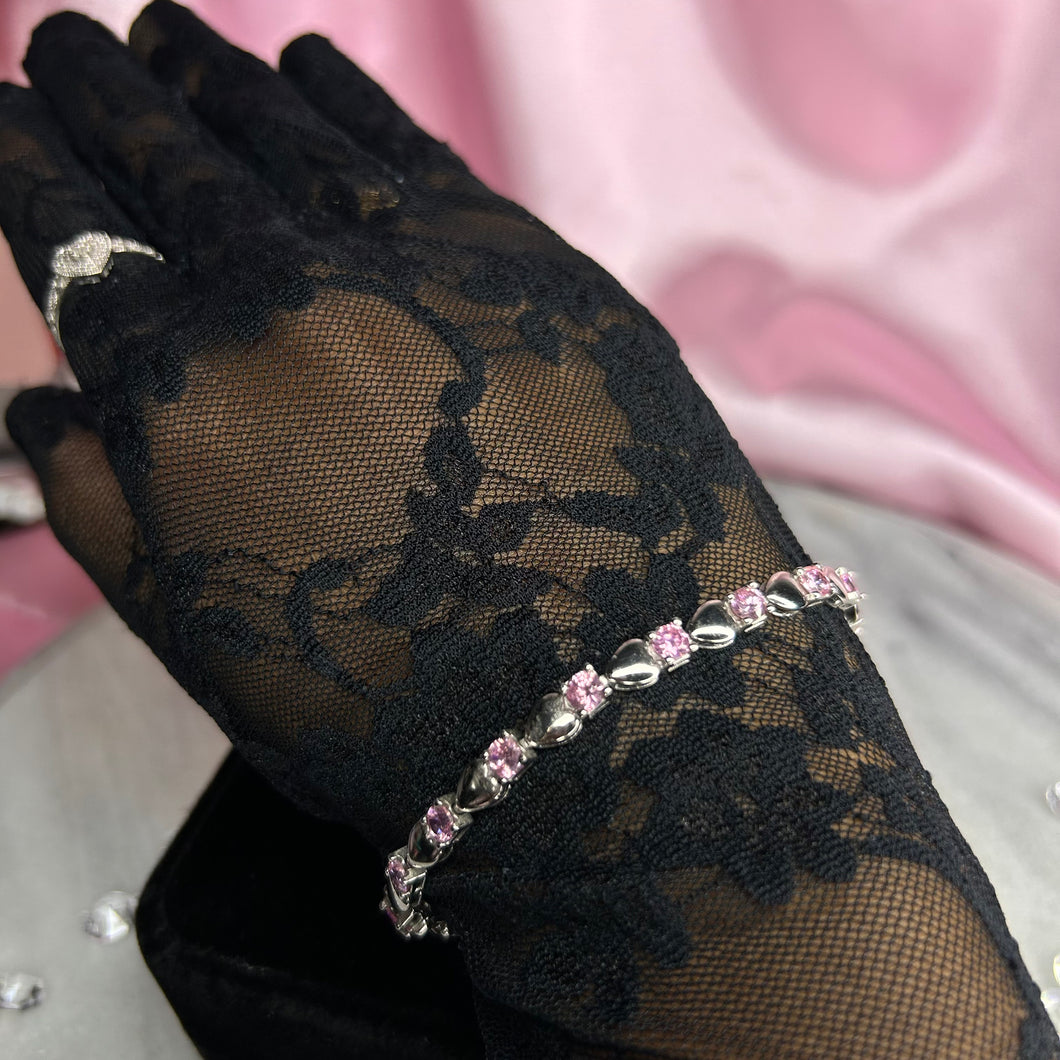 Sterling Silver Pink Cubic Zirconia Heart Bracelet